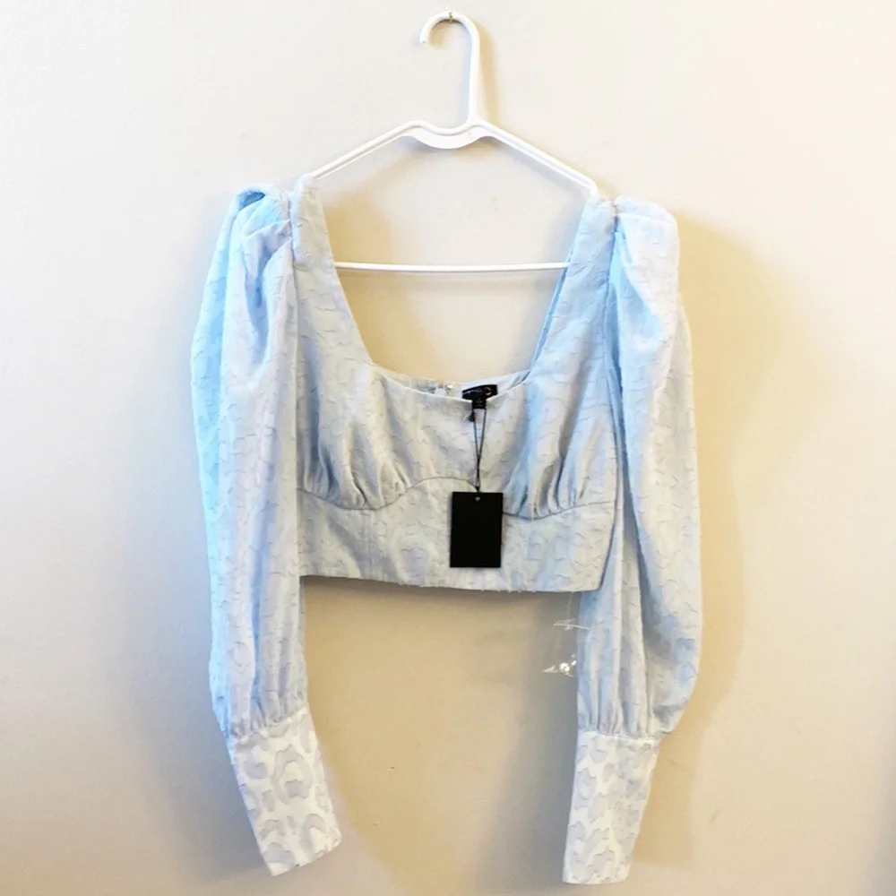 NWT NBD x Revolve Bex Baby Blue Chiffon Crop long sleeve top blouse women size S